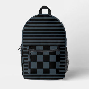 Charcoal Grey Black Vintage Chequered and Striped Printed Backpack