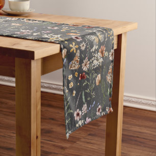 Charcoal Grey Boho Floral Wildflowers Short Table Runner