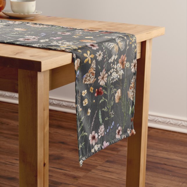 Charcoal Grey Boho Floral Wildflowers Short Table Runner (In Situ)