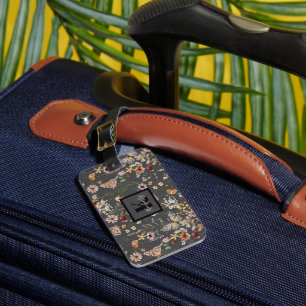Charcoal Grey Boho Watercolor Wildflowers Monogram Luggage Tag