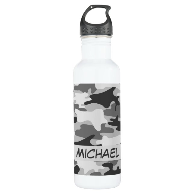 Charcoal Grey Camo Camouflage Name Personalised 710 Ml Water Bottle (Front)