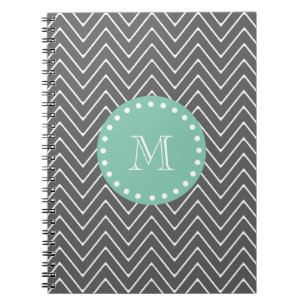 Charcoal Grey Chevron Pattern Mint Green Monogra Notebook