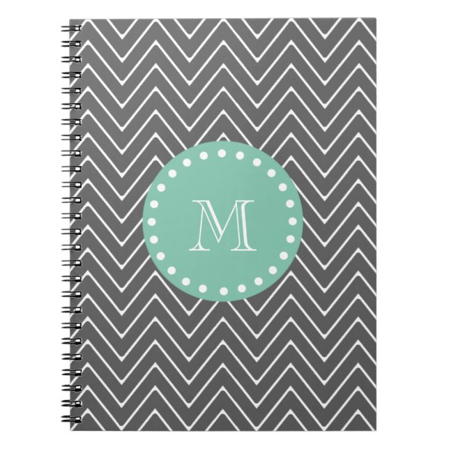 Charcoal Grey Chevron Pattern | Mint Green Monogra Notebook (Front)