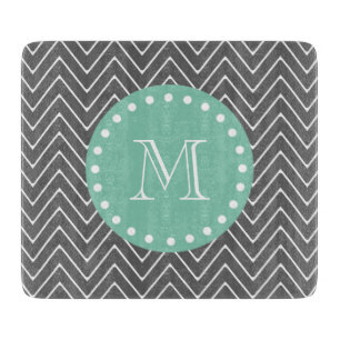 Charcoal Grey Chevron Pattern Mint Green Monogram Cutting Board