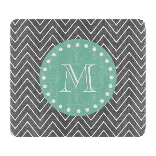 Charcoal Grey Chevron Pattern  Mint Green Monogram Cutting Board (Front)