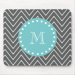 Charcoal Grey Chevron Pattern Teal Monogram Mouse Mat