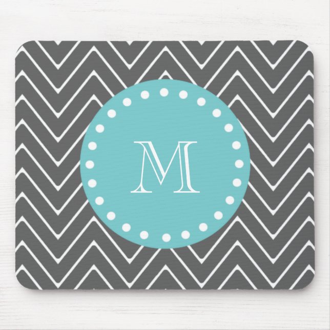 Charcoal Grey Chevron Pattern | Teal Monogram Mouse Mat (Front)