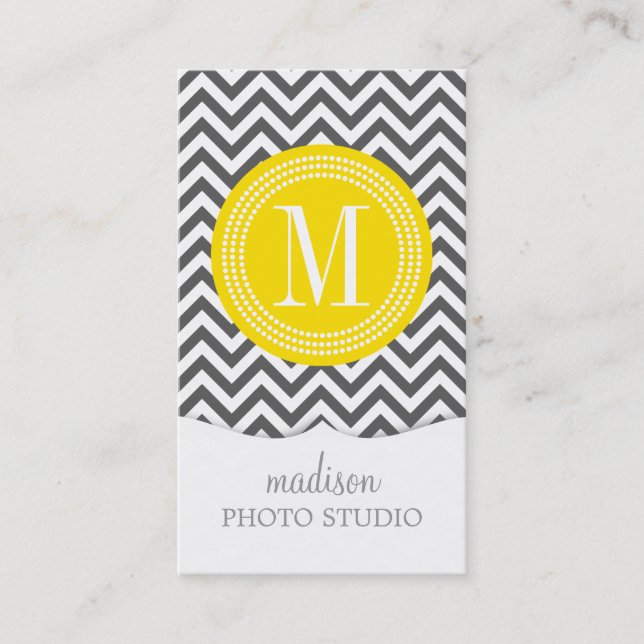 Charcoal Grey Chevron Zigzag Personalised Monogram Business Card (Front)