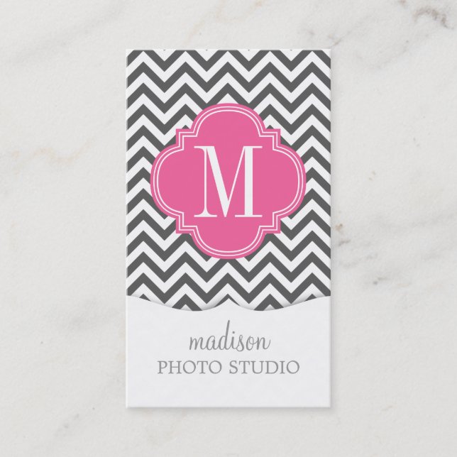 Charcoal Grey Chevron Zigzag Personalised Monogram Business Card (Front)