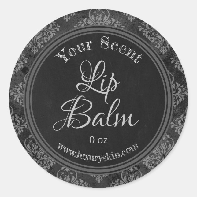 Charcoal Grey Damask Chalkboard Lip Balm Labels (Front)