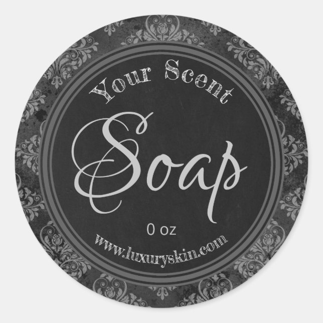 Charcoal Grey Damask Chalkboard Soap Labels (Front)
