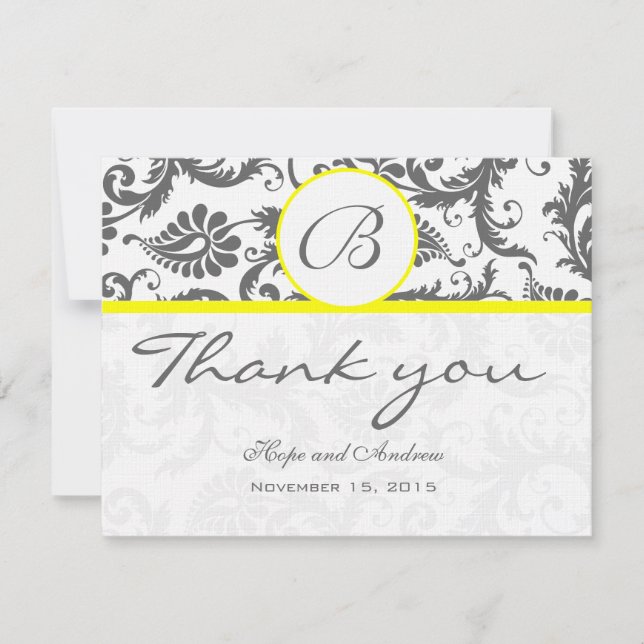 Charcoal Grey Damask Yellow Wedding Thank You Card (Front)