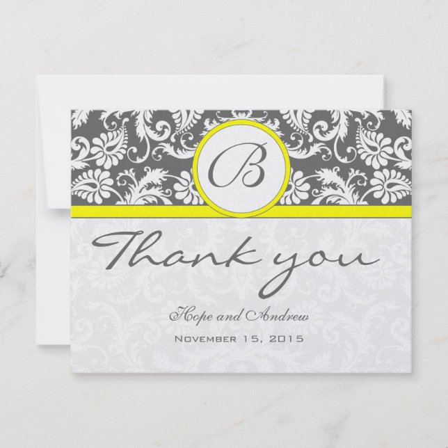 Charcoal Grey Damask Yellow Wedding Thank You Card (Front)