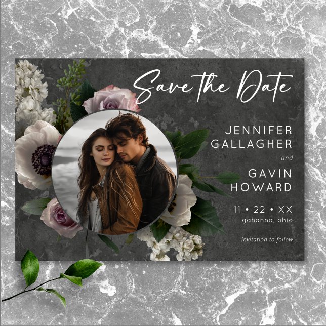 Charcoal Grey Elegant Floral Modern Wedding Photo Save The Date (Charcoal Gray Elegant Floral Modern Wedding Photo Save The Date)