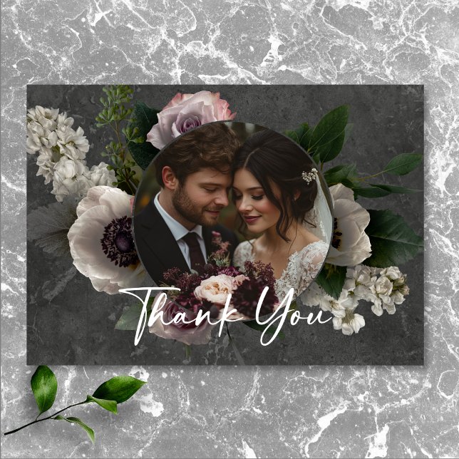 Charcoal Grey Elegant Floral Modern Wedding Photo Thank You Card (Charcoal Gray Elegant Floral Modern Wedding Photo Thank You Card)