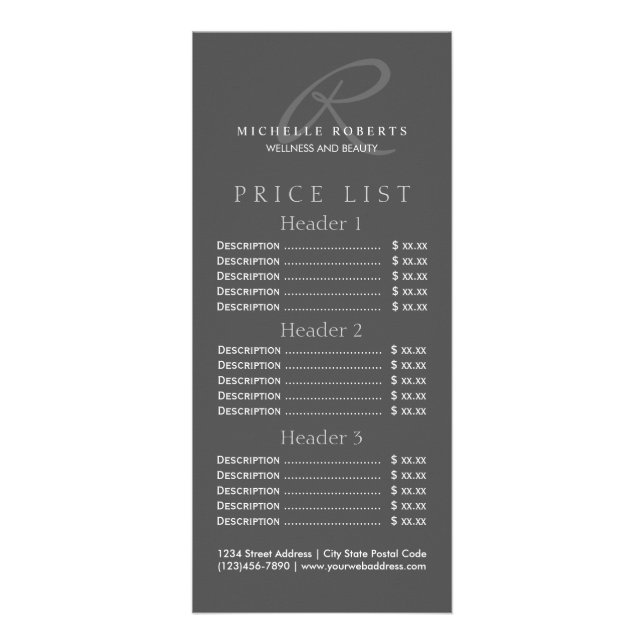 Charcoal Grey Elegant Minimalist Monogram Logo Rack Card (Front)