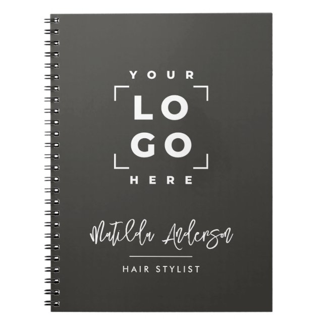 Charcoal grey elegant modern your logo black notebook (Front)
