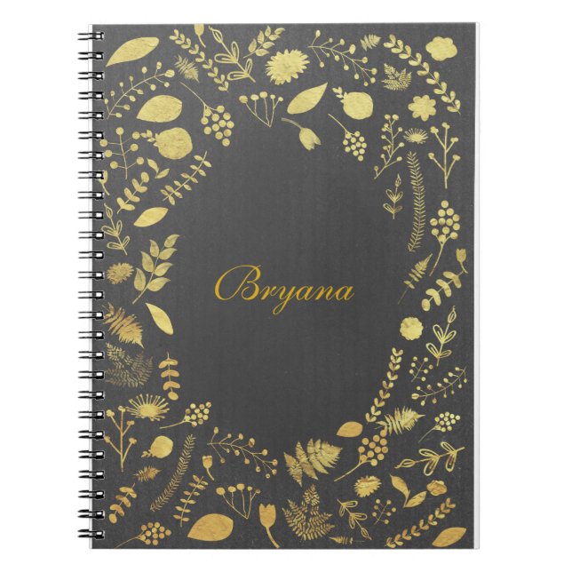 Charcoal Grey & Faux Gold Floral Notebook Journal (Front)