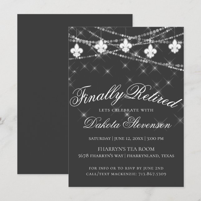 Charcoal Grey Fleur de Lis Lights | Retirement Invitation (Front/Back)