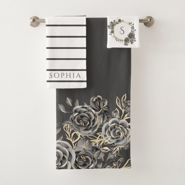 Charcoal Grey Gold Black Rose Floral Monogram Name Bath Towel Set (Insitu)