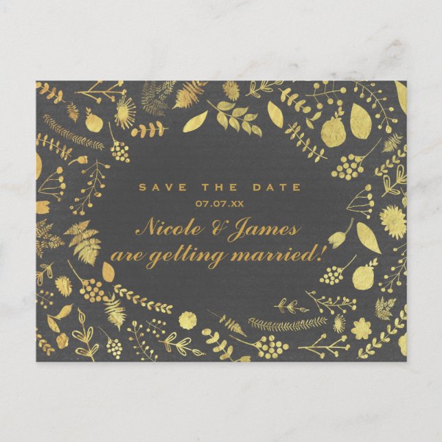 Charcoal Grey & Gold Floral Save The Date Postcard (Front)
