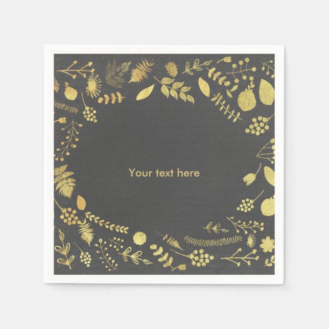 Charcoal Grey & Gold Floral Wedding Napkins (Front)