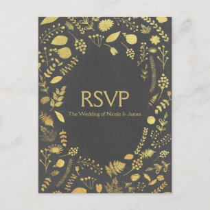 Charcoal Grey & Gold Floral Wedding RSVP Card