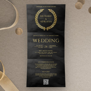 Charcoal Grey Gold Laurel Minimal QR Code Wedding Tri-Fold Invitation