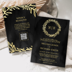 Charcoal Grey Gold Leaf Branch QR Code Wedding Invitation