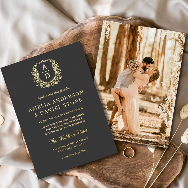 Charcoal Grey Gold Leafy Crest Photo Wedding  (Creator Uploaded)