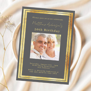 Charcoal grey gold photo birthday invitation