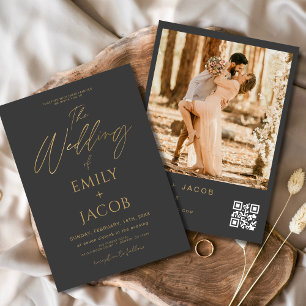 Charcoal Grey Gold Wedding QR Code Photo Script Invitation