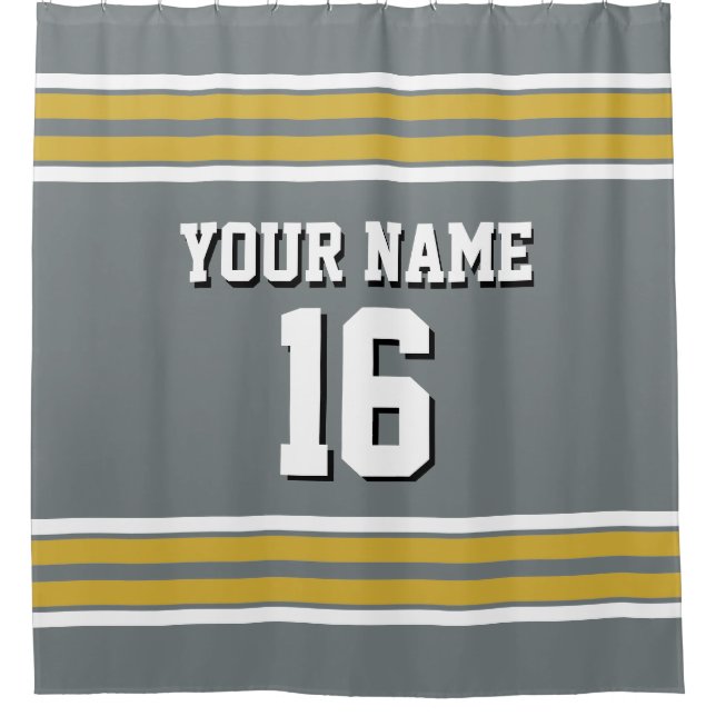 Charcoal Grey Gold White Stripes Sports Jersey Shower Curtain (Front)