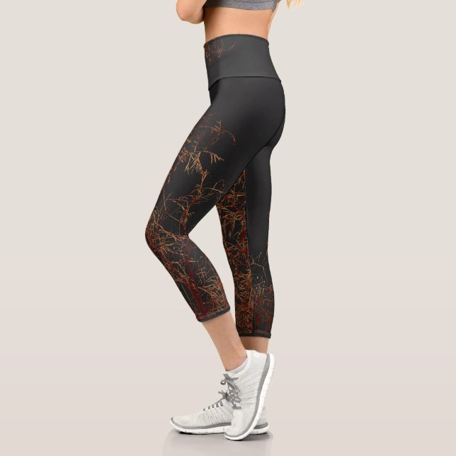 Charcoal Grey Golden Tree Brunches Sky Capri Leggings (Left)