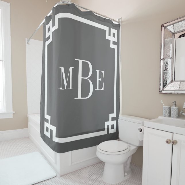 Charcoal Grey Greek Key Border Monogram Shower Curtain (In Situ)