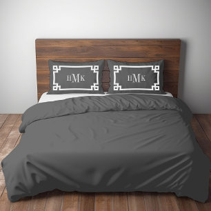 Charcoal Grey Greek Key Monogram Pair of Standard Pillowcase