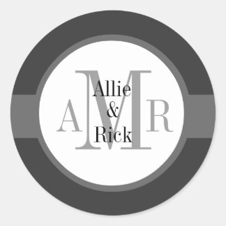 Charcoal Grey Grey Monograms Names Wedding Classic Round Sticker