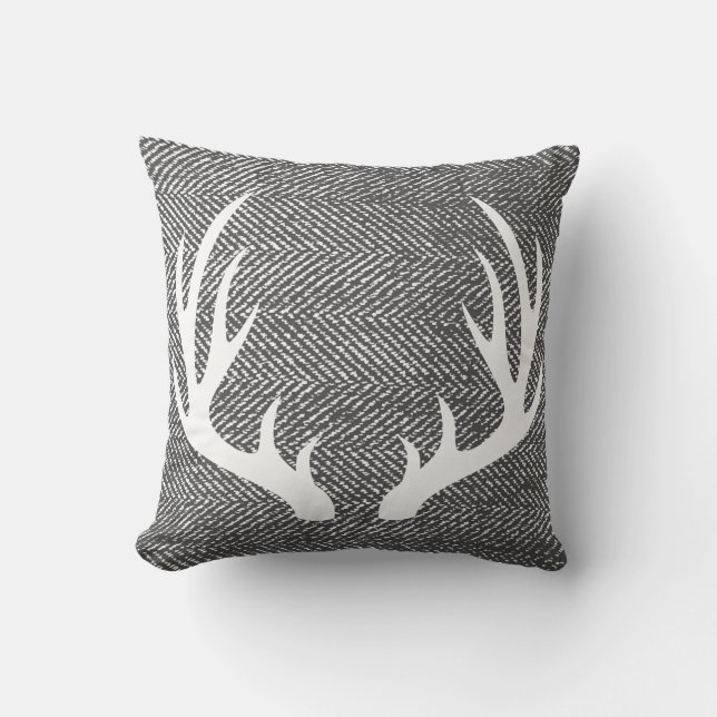 Charcoal Grey Herringbone & White Deer Antlers Cushion (Front)