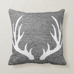 Charcoal Grey Herringbone & White Deer Antlers Cushion