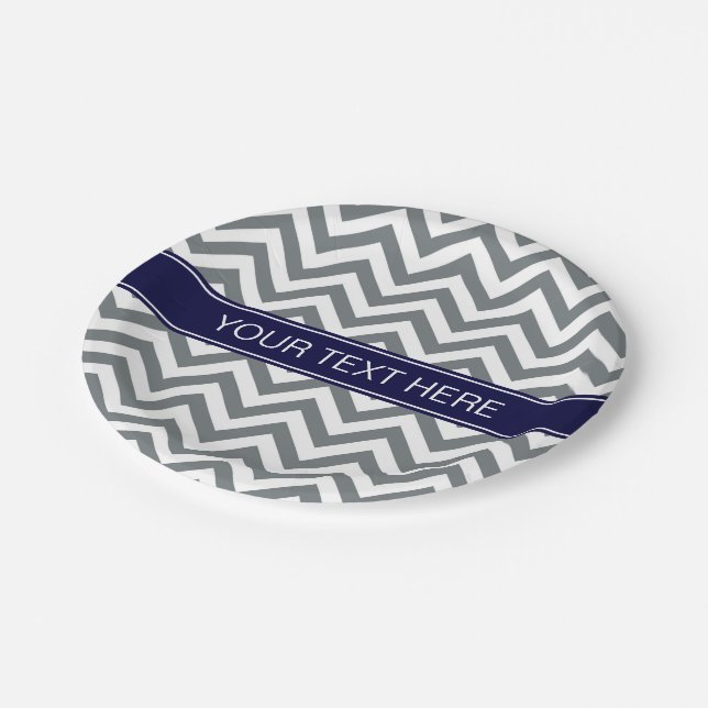 Charcoal Grey Lg Chevron Navy Blue Name Monogram Paper Plate (Angled)