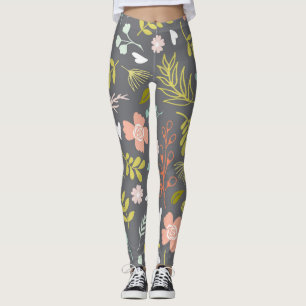 Charcoal Grey, Lime Green and Coral Print Leggings