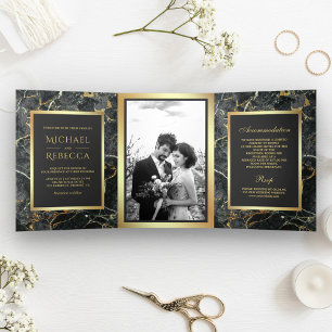 Charcoal Grey Marble Faux Gold Foil Photo Wedding Tri-Fold Invitation