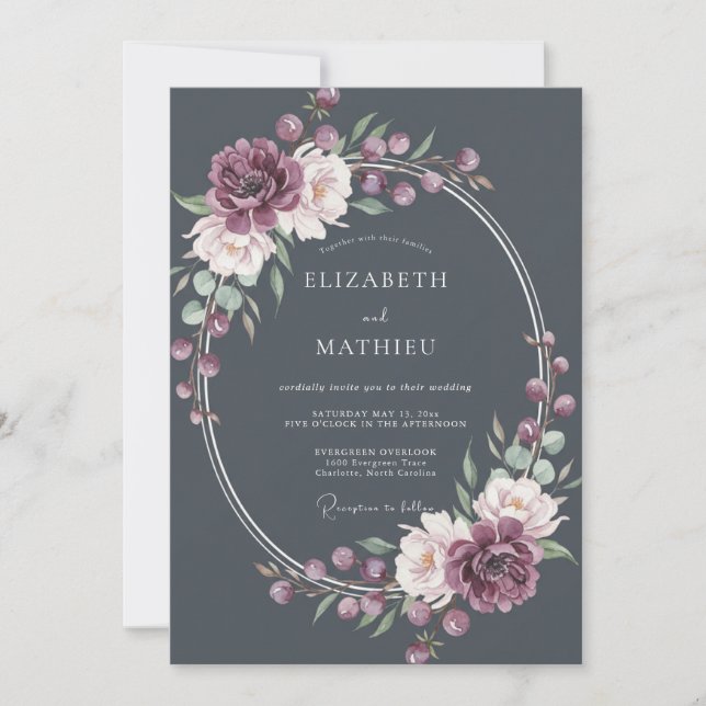 Charcoal Grey Midnight Botanical Wedding Invitation (Front)