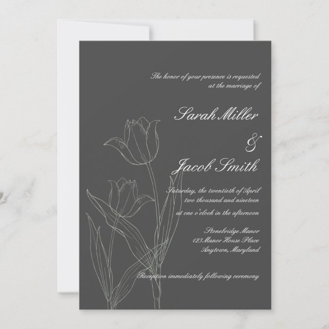 Charcoal Grey Minimalist Tulip Wedding Invitation (Front)