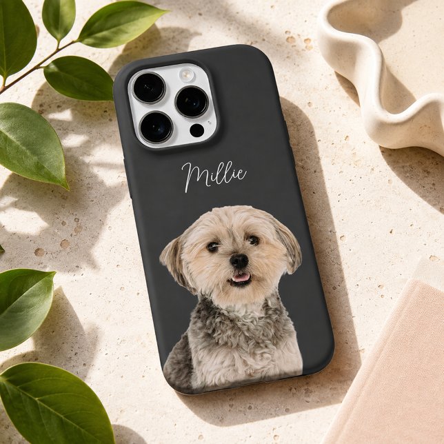 Charcoal Grey Modern Dog Photo and Script Name iPhone Case (Creator Uploaded)