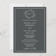 Charcoal Grey Monogram Crest Wedding Invitation