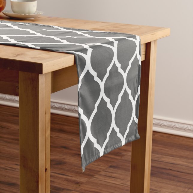 Charcoal Grey Moroccan Quatrefoil Short Table Runner (In Situ)