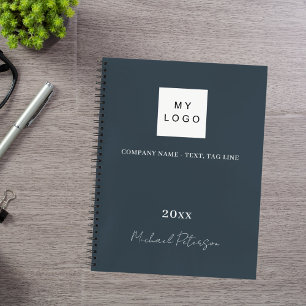 Charcoal grey name script business logo notebook