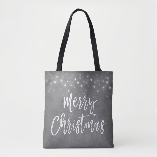 Charcoal Grey or Silver Christmas Script Holiday Tote Bag (Front)
