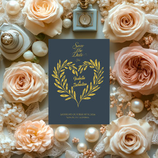 Charcoal Grey & Pale Gold Heart Save the Date Invitation